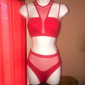 Women’s Red Netted Two Piece Swim Suit